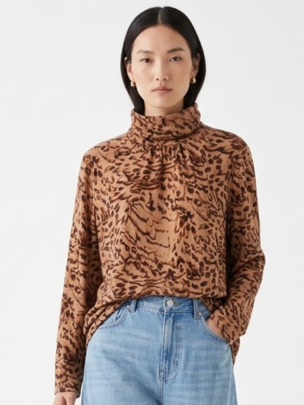 Westbound Turtleneck Blouse Brown Leopard Grunge Casual XL